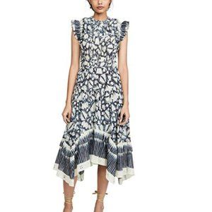 Ulla Johnson Blue Floral Amalia Batik Pleated Ruffle Midi Asymmetric Dress~12